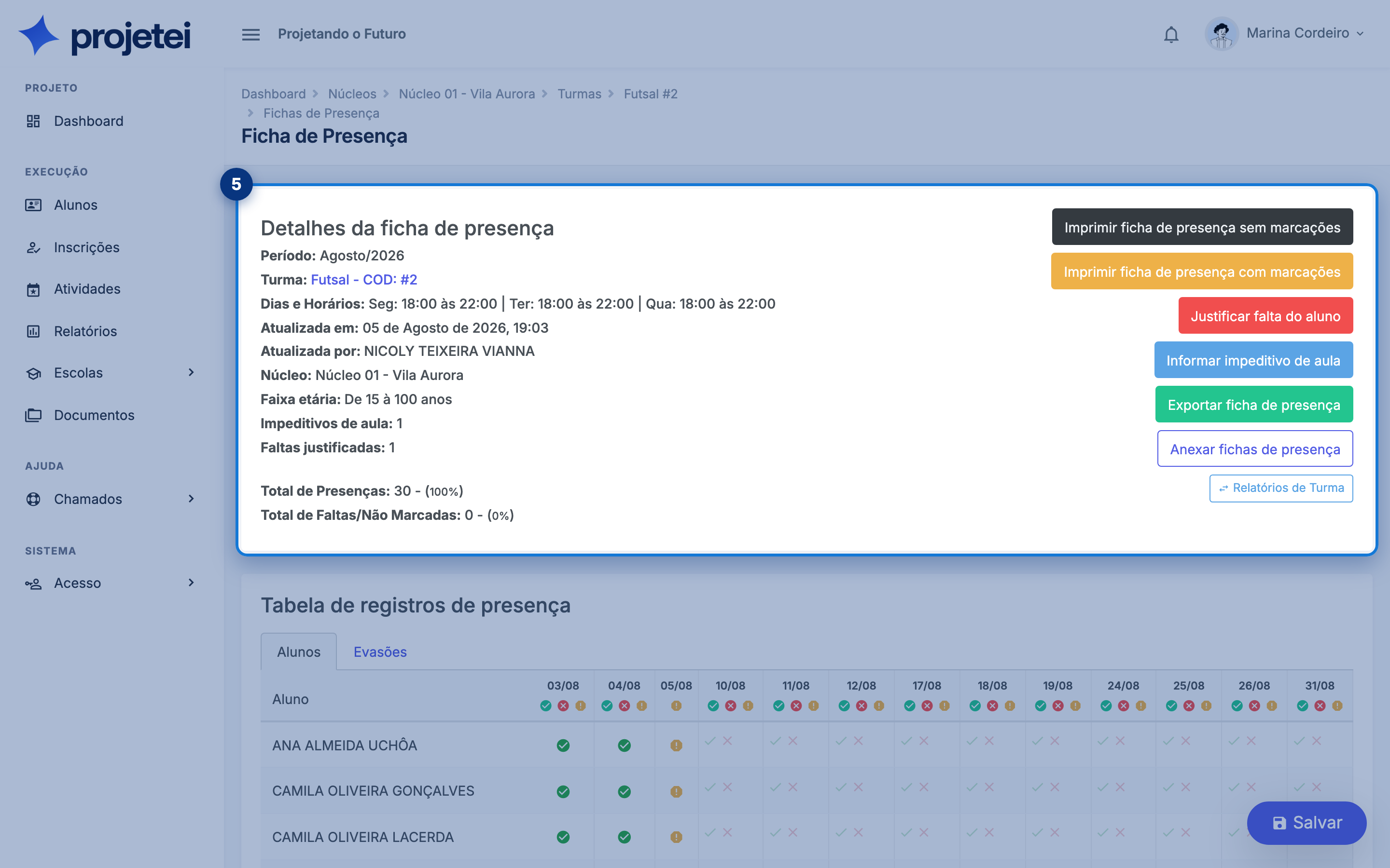 Tela do sistema com Detalhes da    ficha de presença em destaque