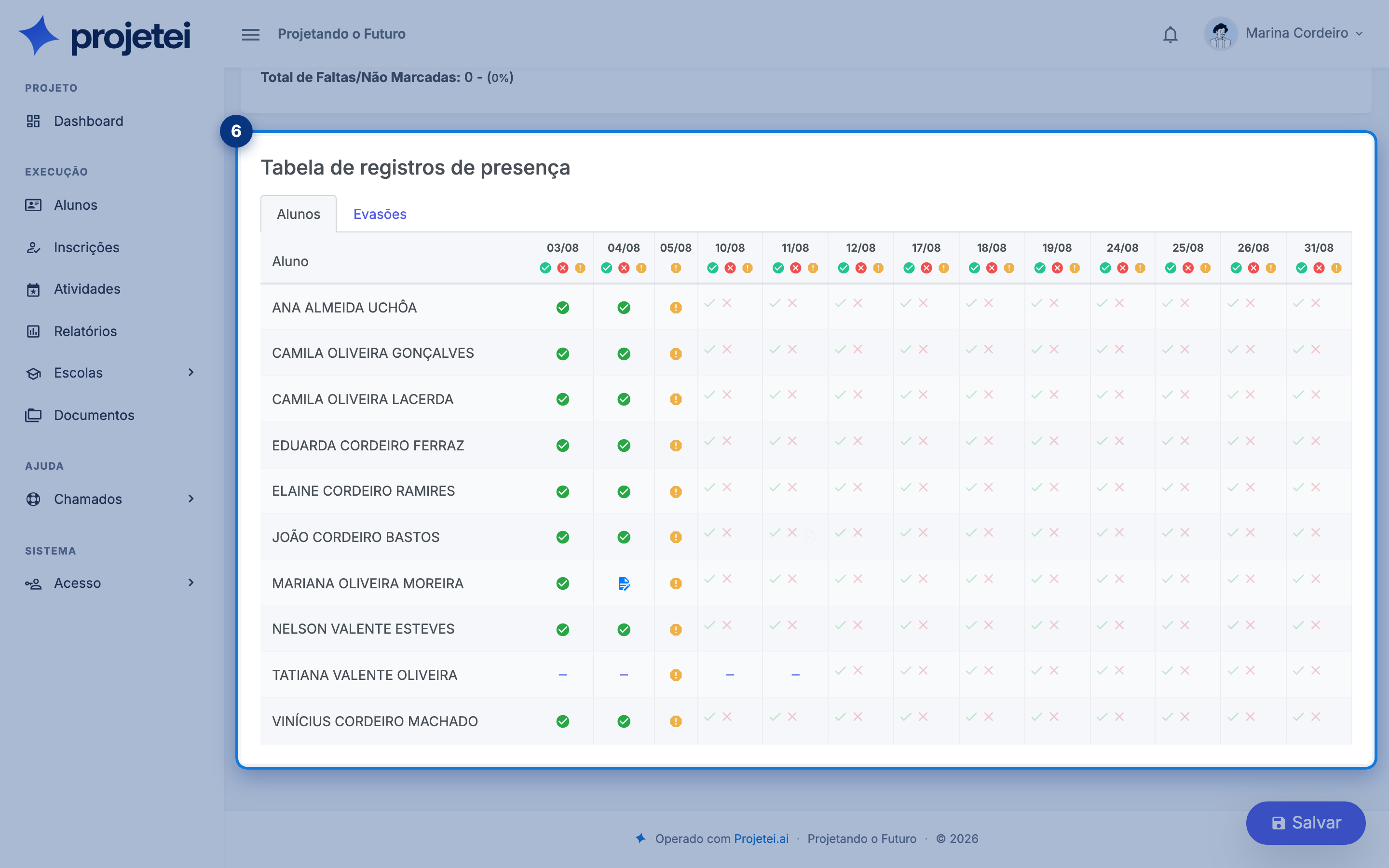 Tela do sistema com Tabela de registros de presença em destaque