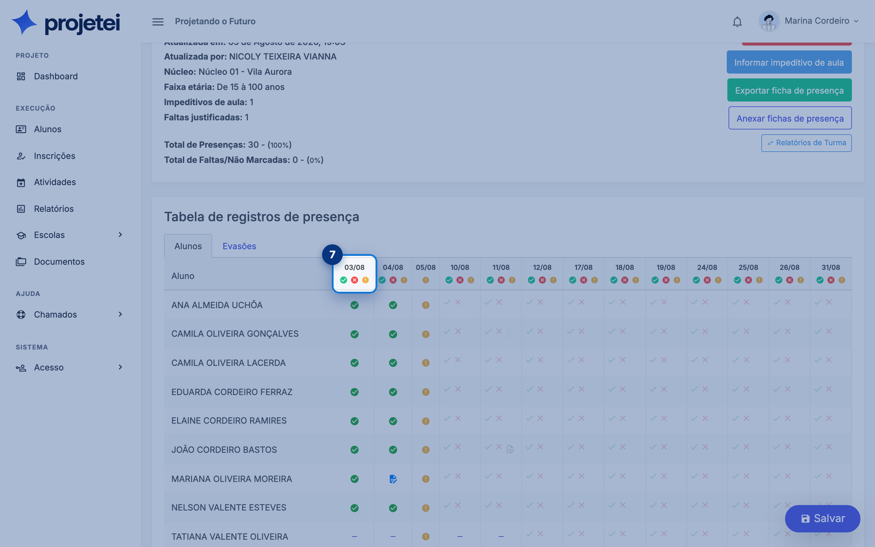 Tela do sistema com cabeçalho    da coluna em destaque