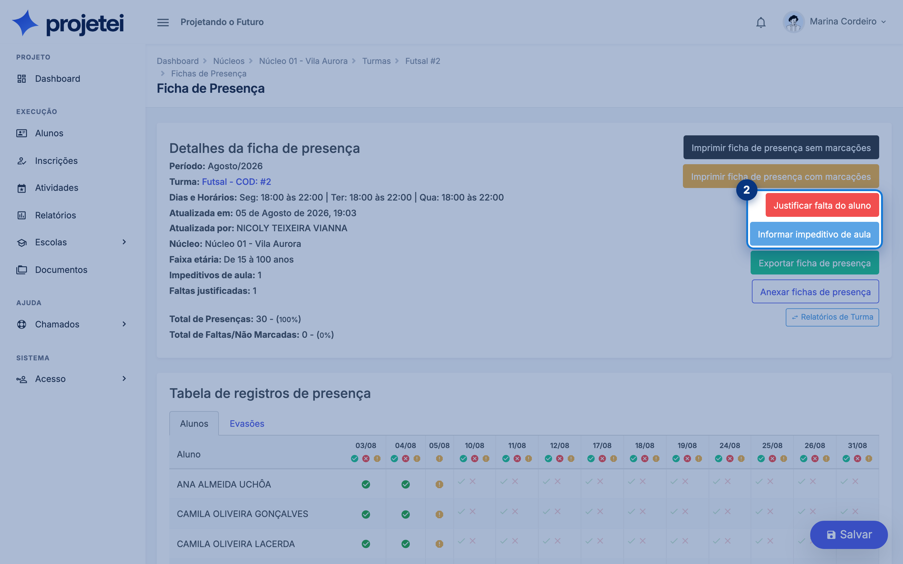 Tela do sistema com Justificar falta do aluno em destaque
