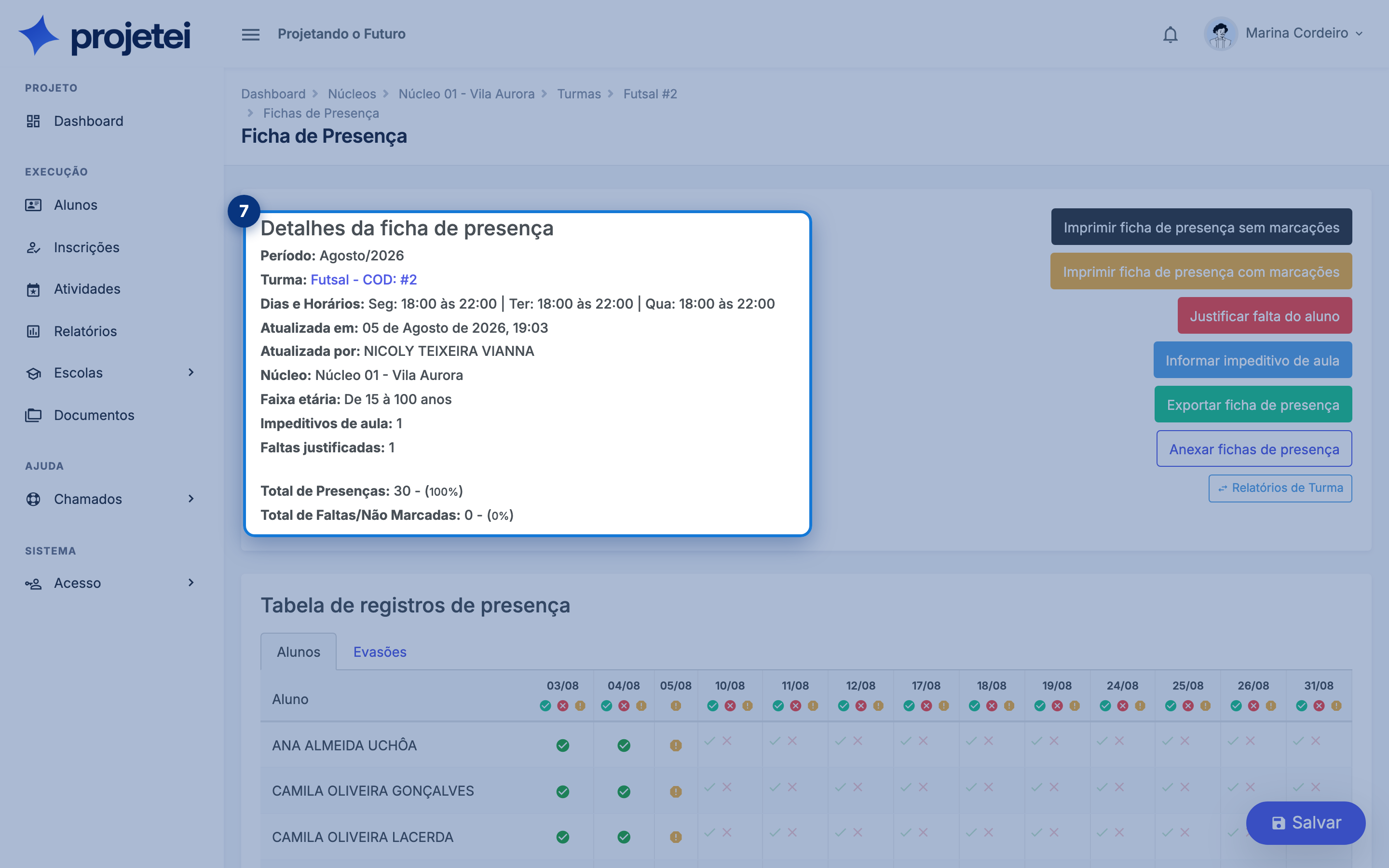 Tela do sistema com Impeditivos de aula em destaque
