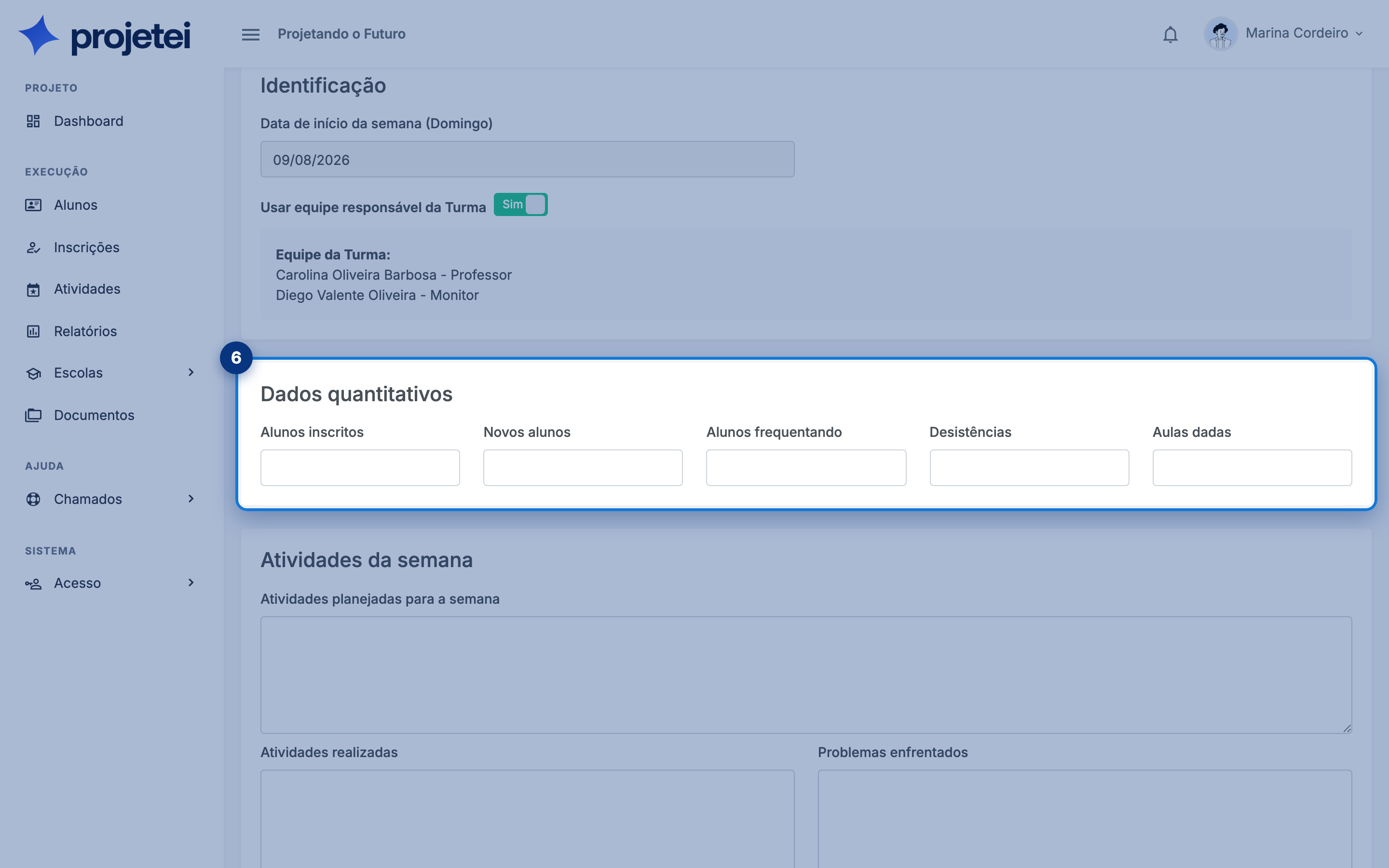 Tela do sistema com Dados quantitativos em destaque