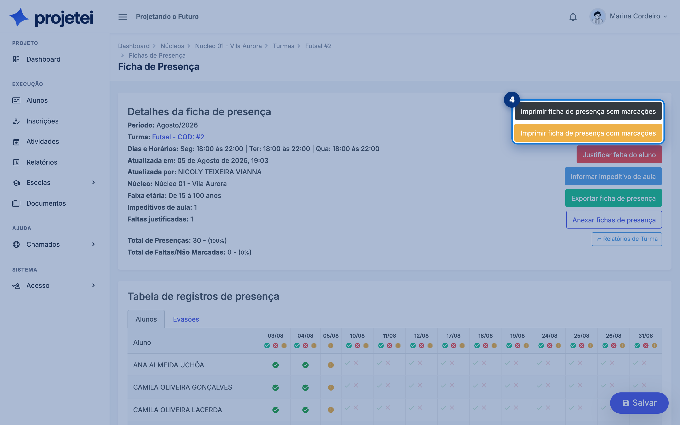 Tela do sistema com Imprimir    ficha de presença sem marcações em destaque