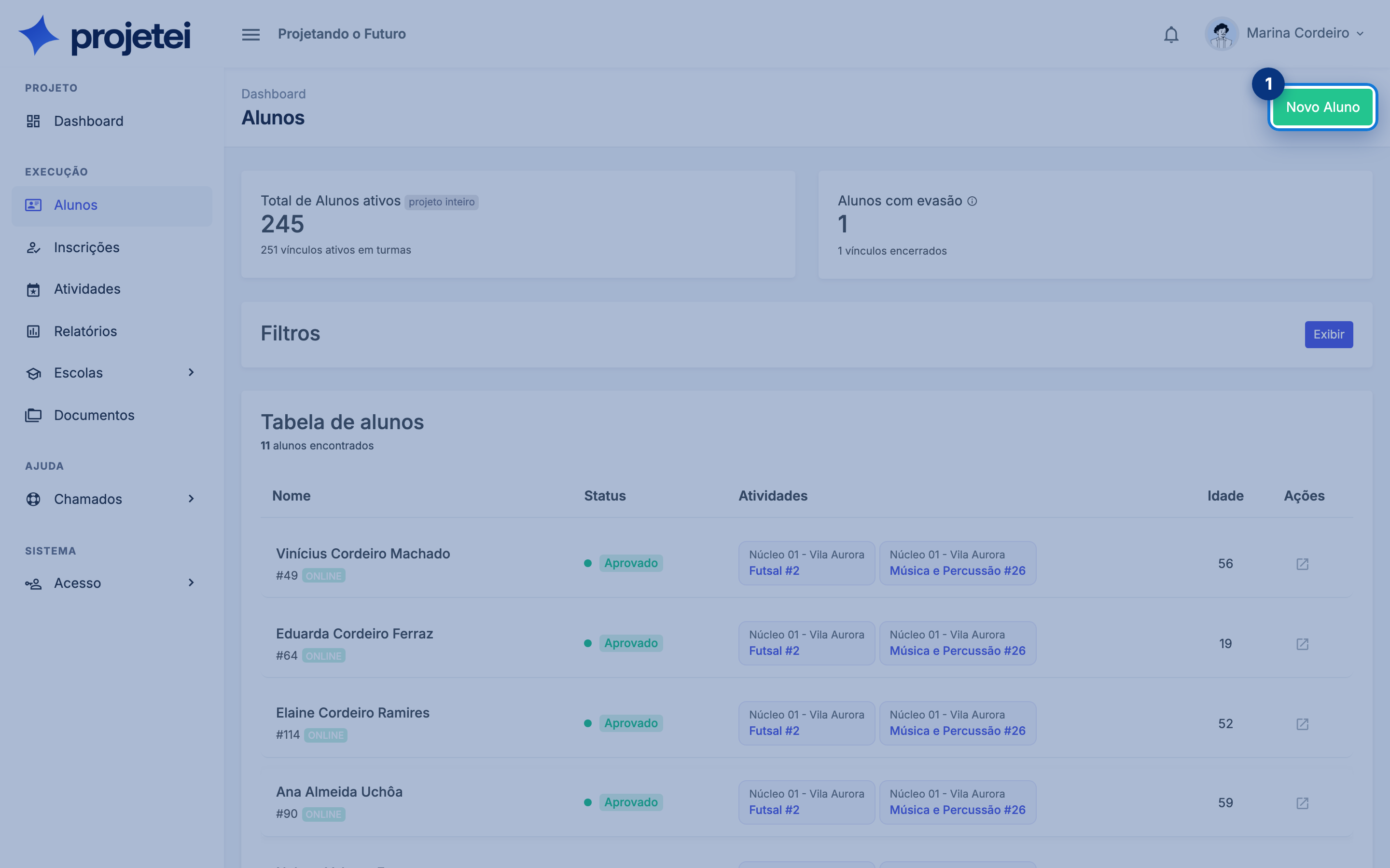 Tela do sistema com {Alunos} em destaque