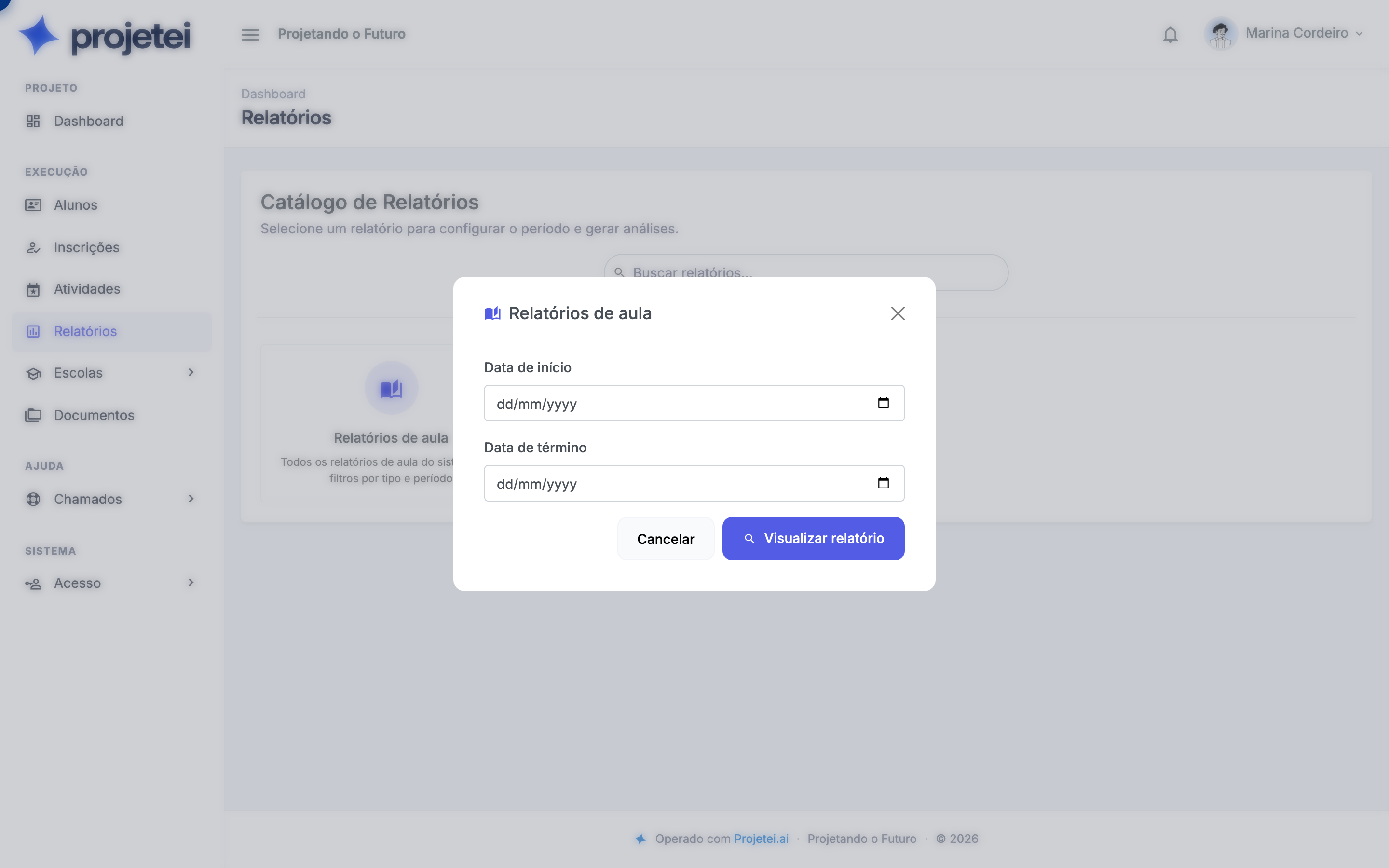 Tela do sistema com Data de início em destaque