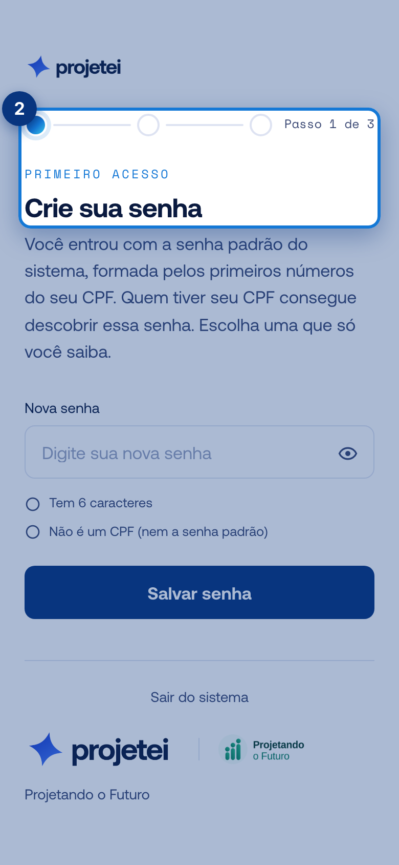 Tela do portal com Crie sua senha em destaque