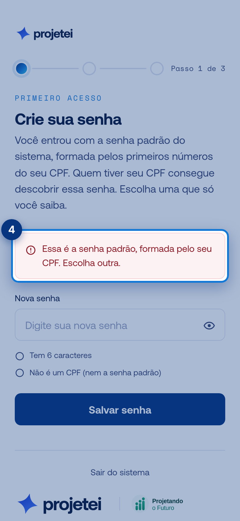 Tela do portal com o elemento do passo em destaque