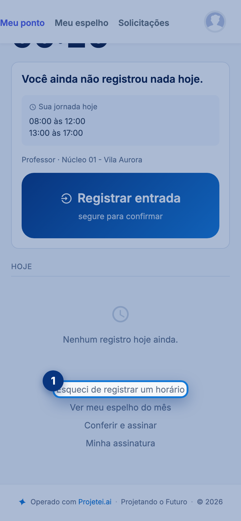 Tela do portal com Esqueci de registrar um horário em destaque