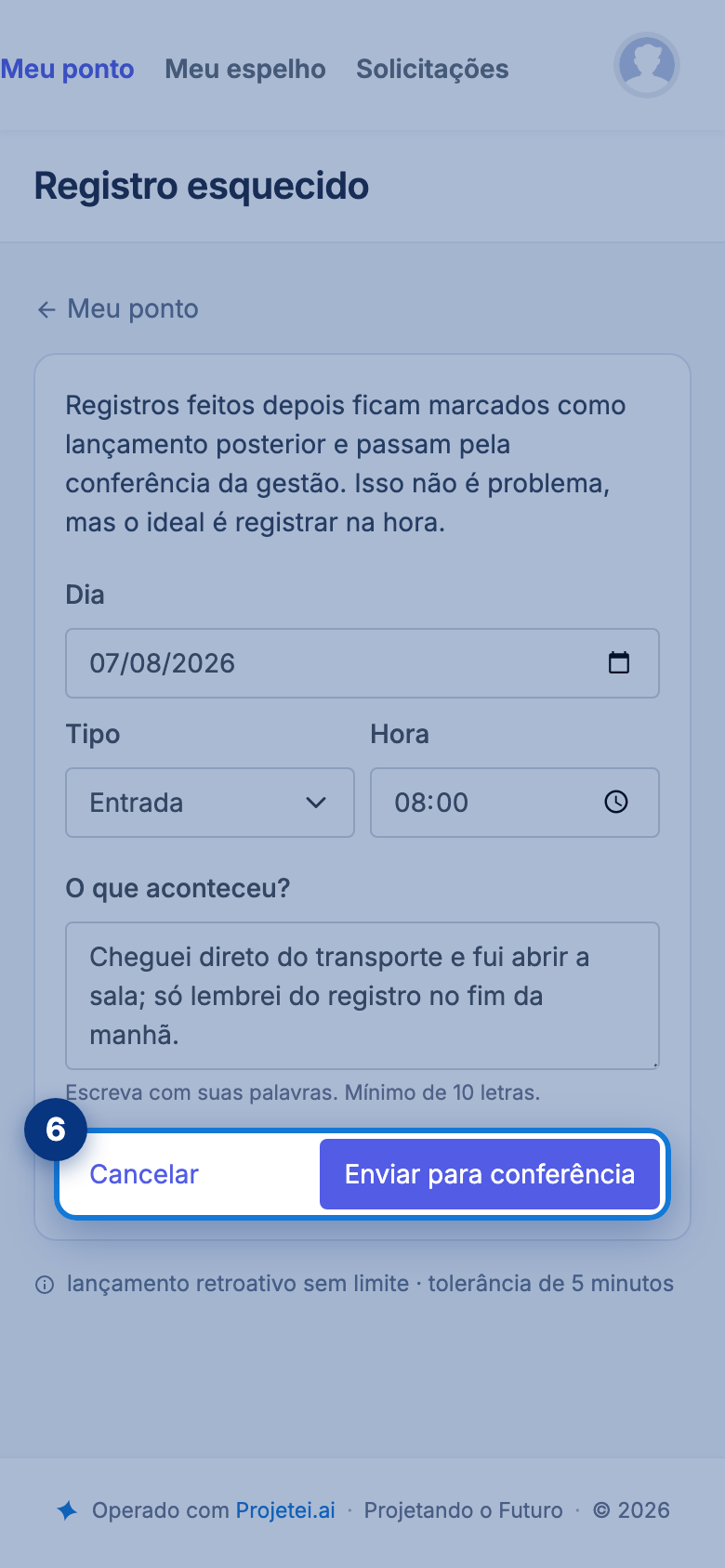 Tela do portal com Enviar para conferência em destaque