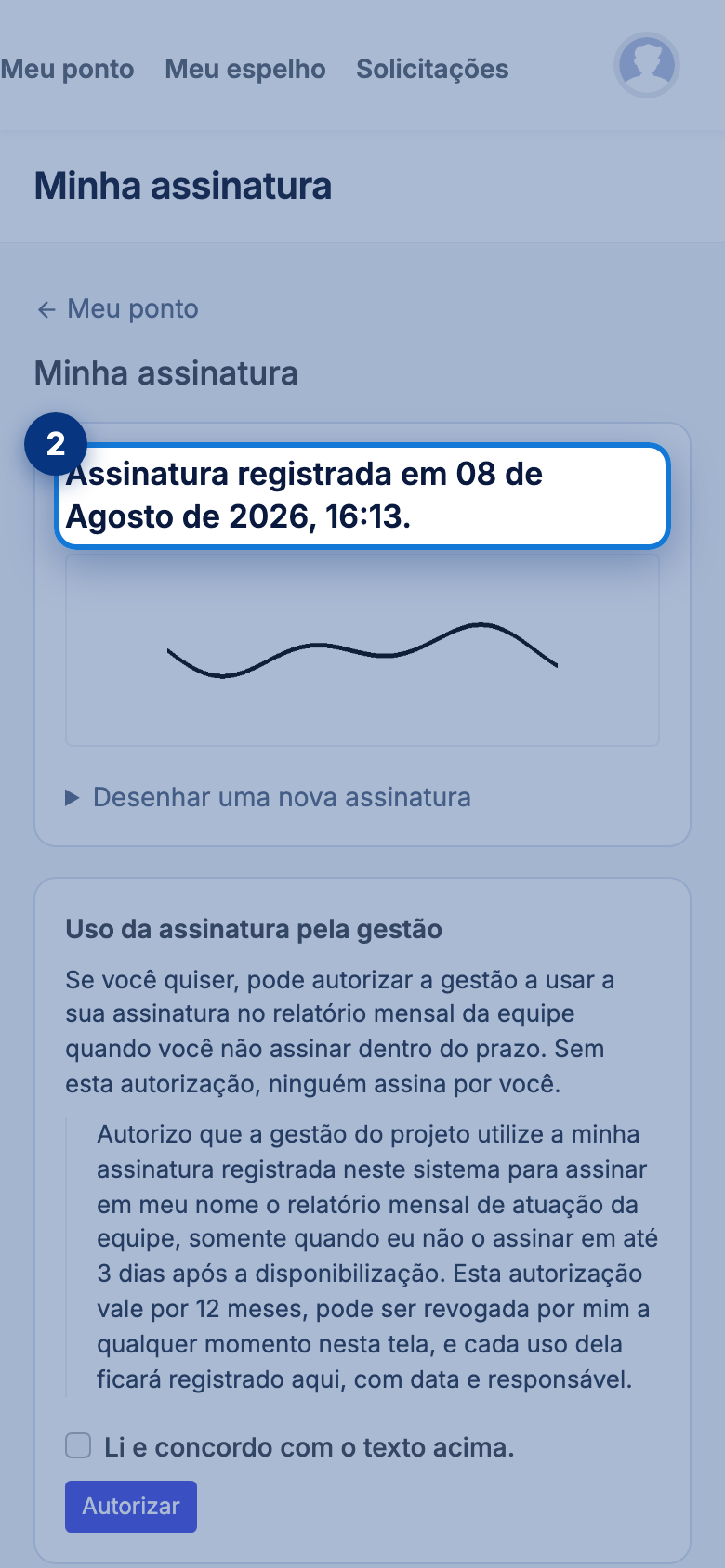 Tela do portal com Assinatura registrada em destaque