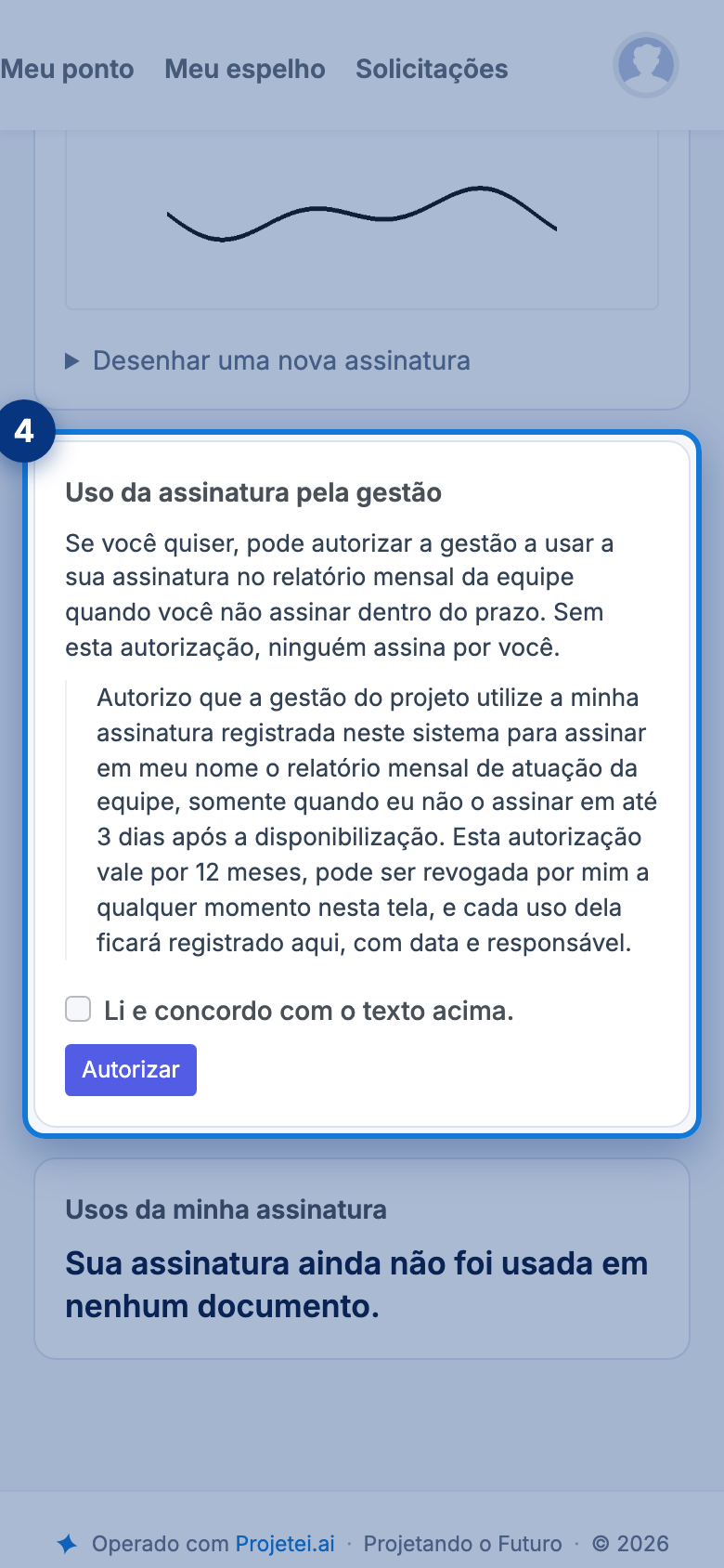 Tela do portal com Uso da assinatura pela gestão em destaque