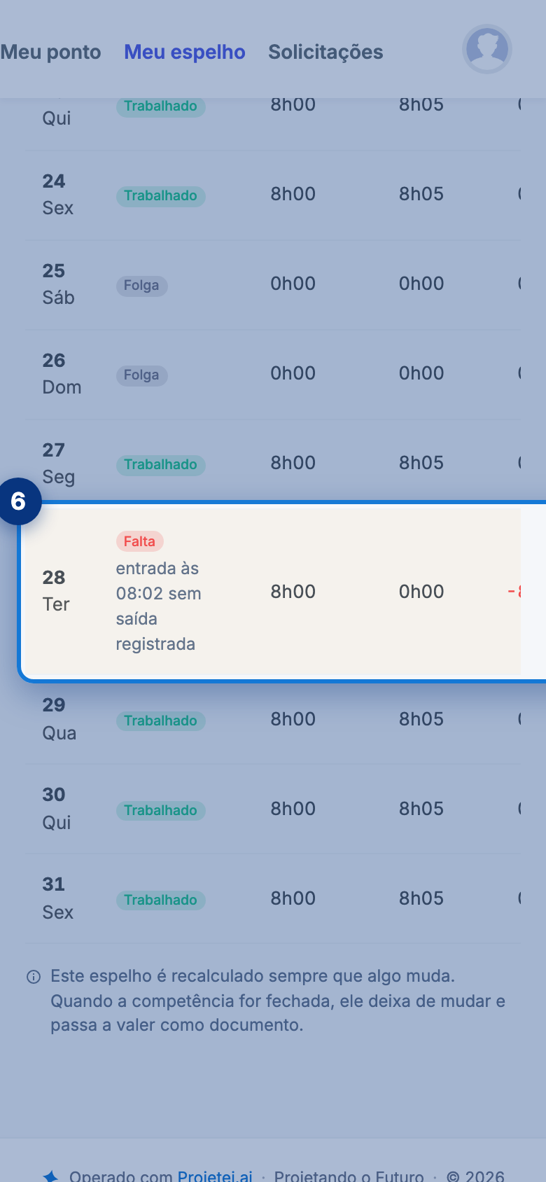 Tela do portal com entrada às 08:02 sem saída registrada em destaque