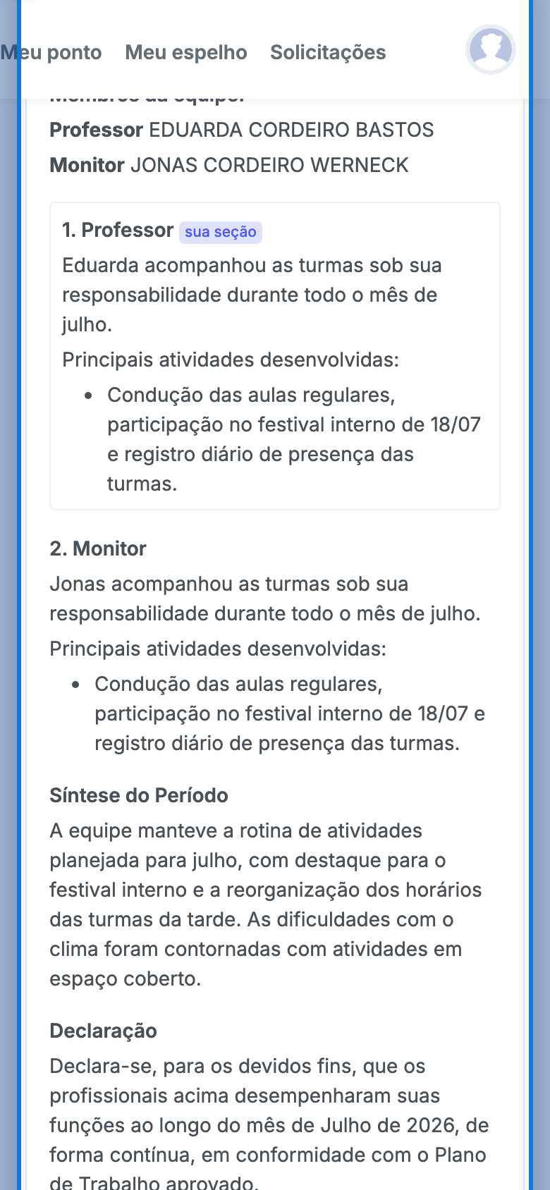 Tela do portal com Síntese do Período em destaque